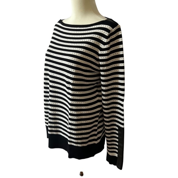 PER SE SWEATER L STRIPED VEGAN LEATHER DETAIL EYELET CASUAL OFFICE PREP - Picture 4 of 13